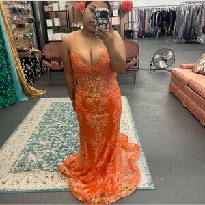 Vibrant Orange Lace Prom Dress